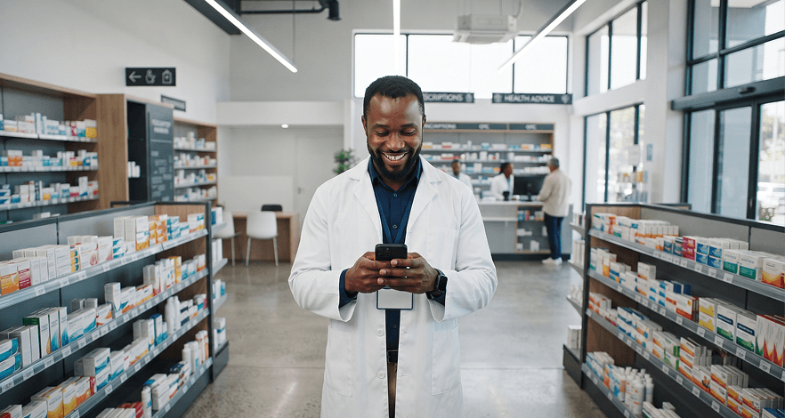 Pharmacist smiling at smartphone representing easy mobile pharmacy tracking