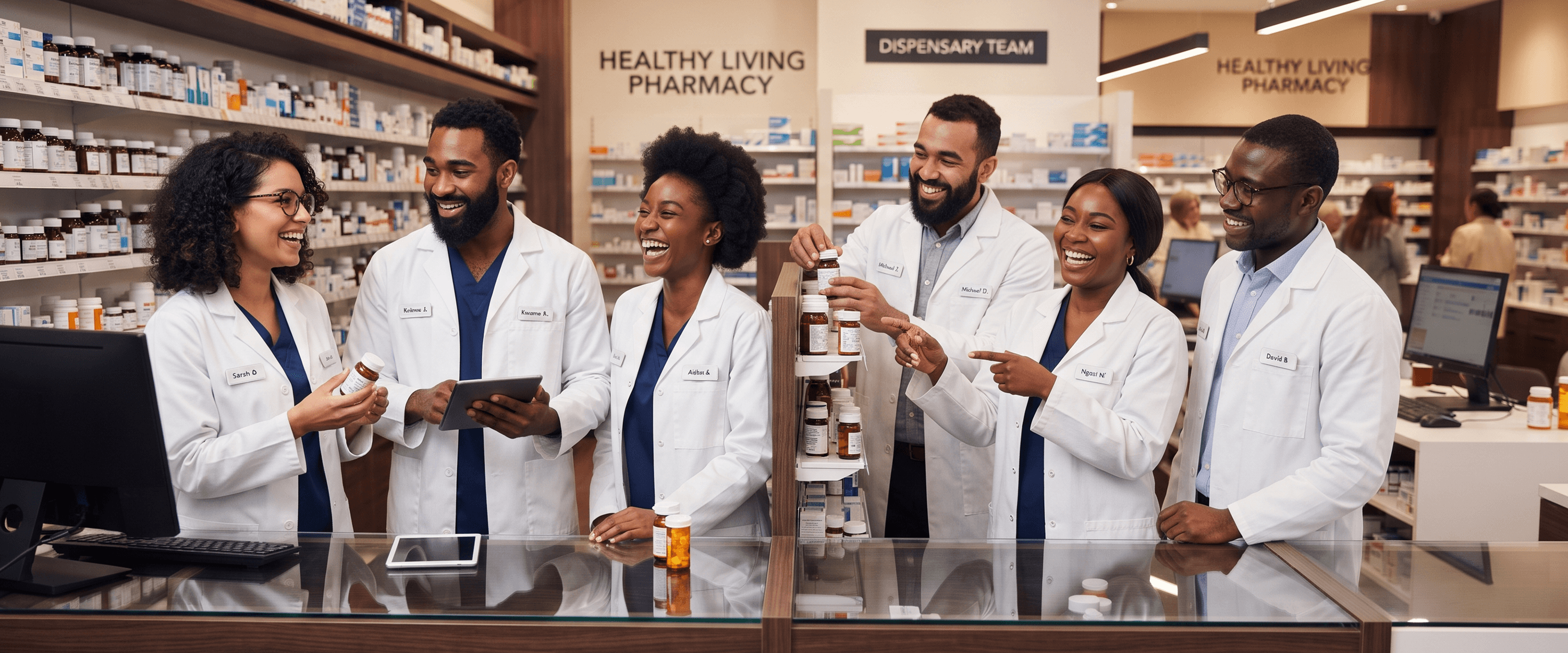 Pharmacists smiling in pharmacy