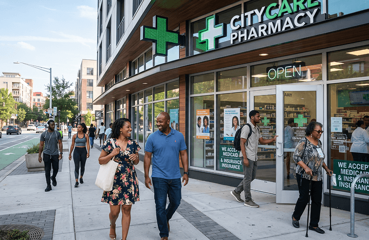 People outside modern pharmacy building