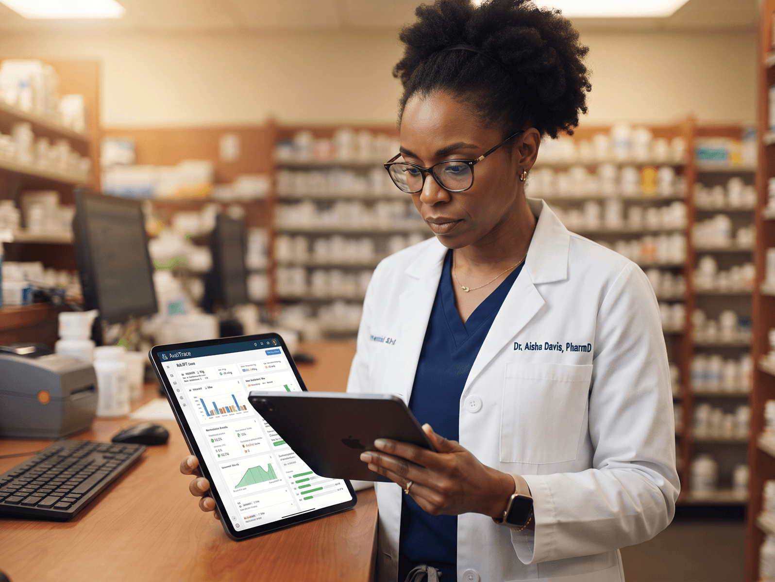 Pharmacist viewing software on tablet